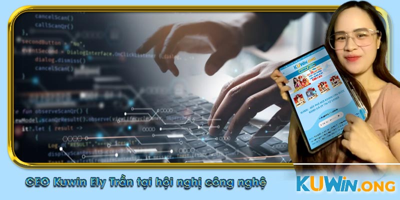 CEO Kuwin Ely Trần tại hội nghị công nghệ, chia sẻ tầm nhìn về casino trực tuyến.