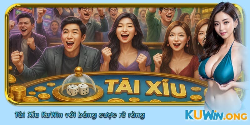 Tài Xỉu KuWin với xúc xắc lăn, mang không khí casino trực tuyến sống động.